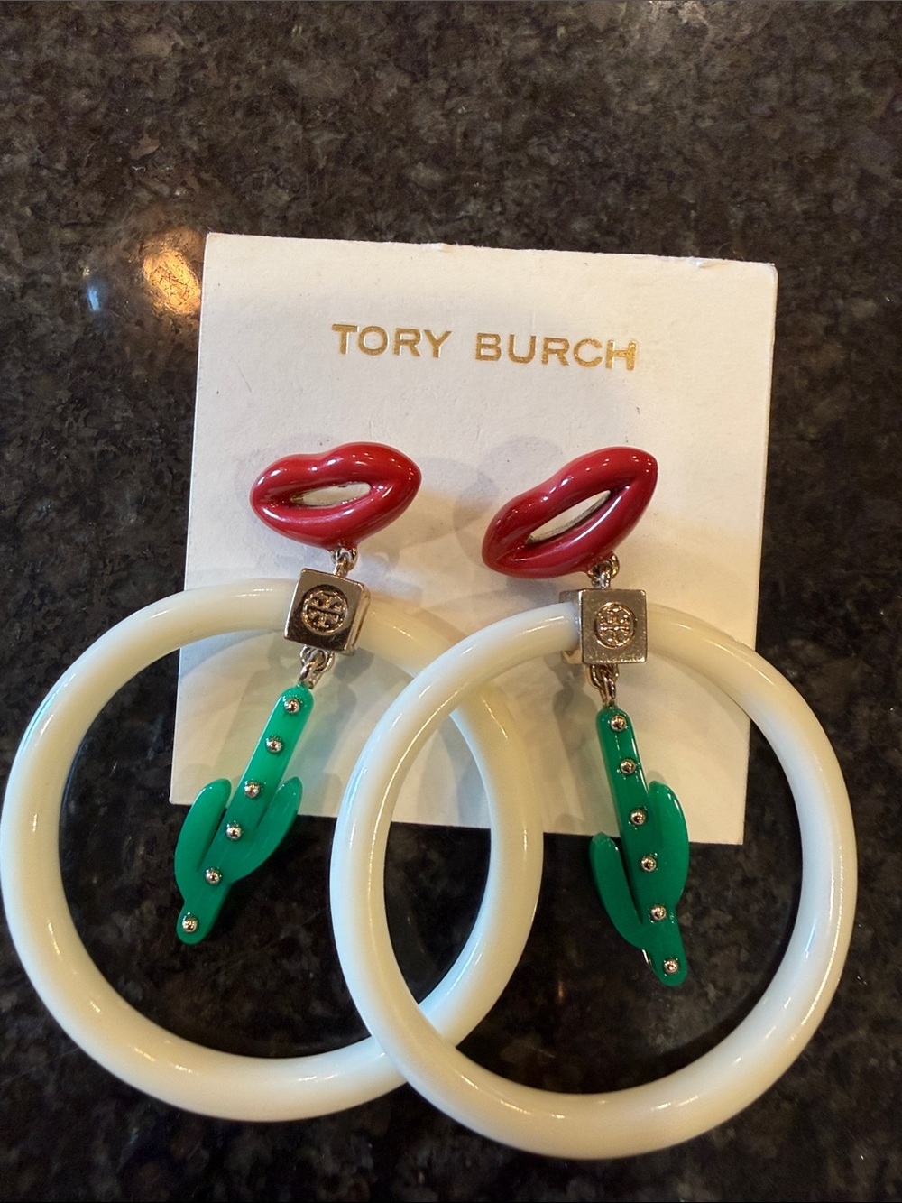 Tory Burch Red Lip, White Hoop & Green Cactus Drop Earrings